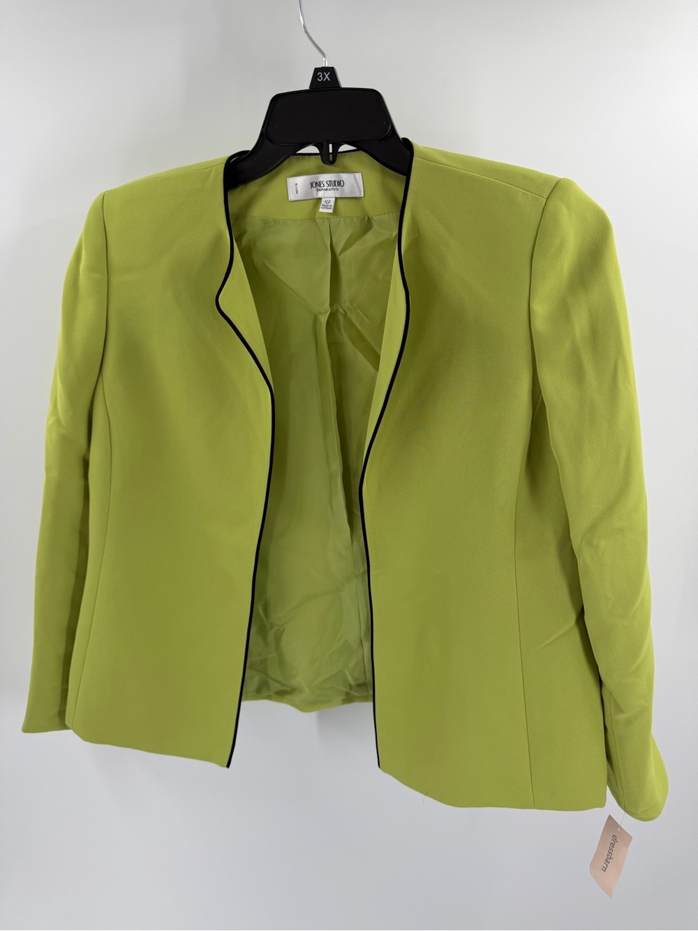 Jones Studio Lime Green Chartreuse Open-Front Blazer Black Trim Lined Size 10P